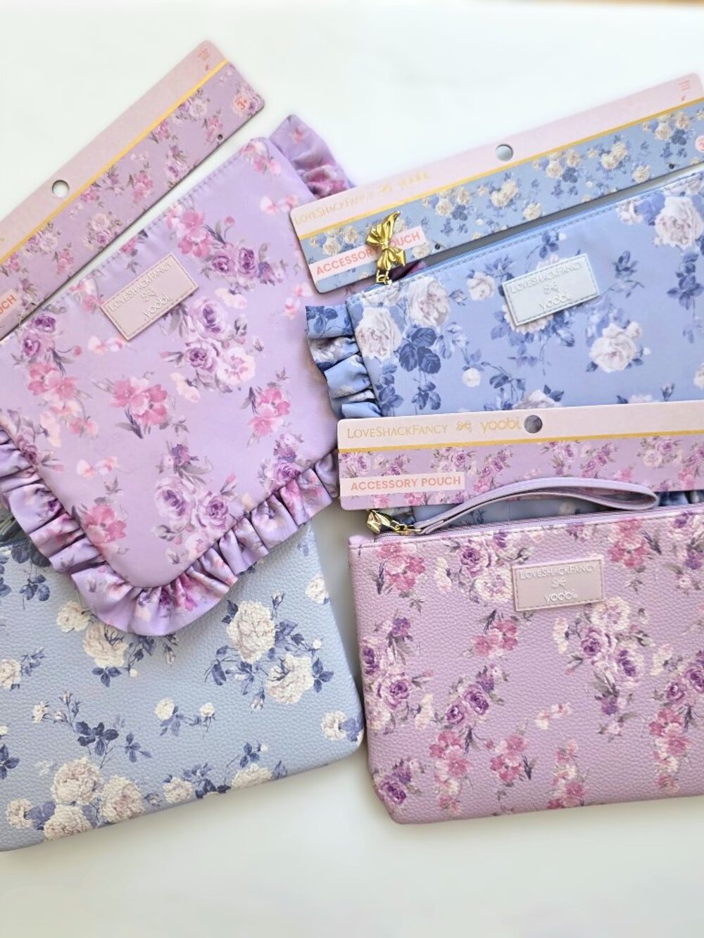 LoveShackFancy x Target Yoobi blue pencil case strap ruffles purple happy